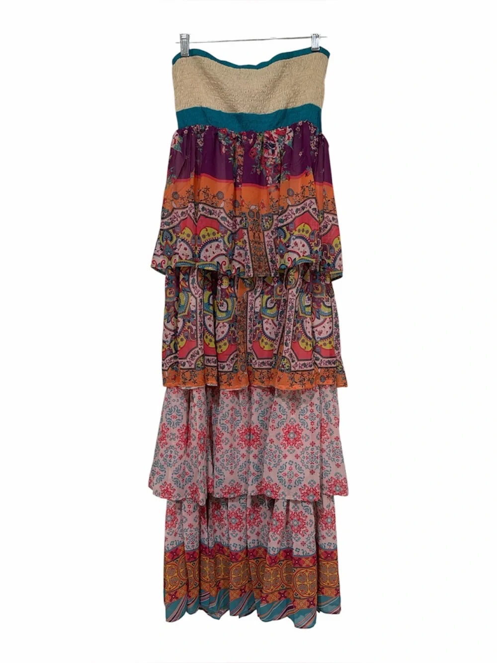 Flying Tomato NWT Boho Strapless Maxi Dress Colorful Tiered Ruffle size Medium